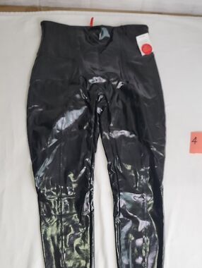 SPANX Black Shiny High-Waist Leggings with Red Brand Tag